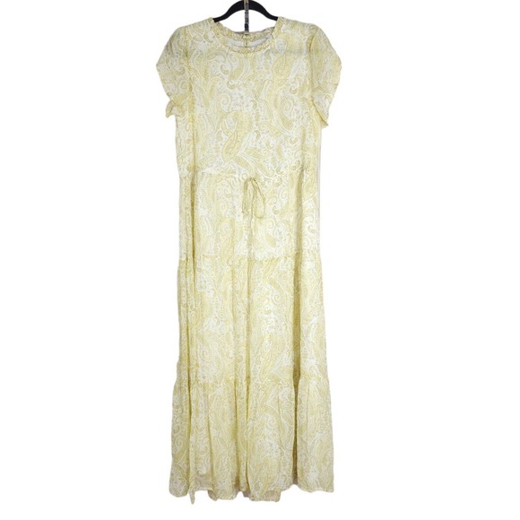 Lucky Brand Women Dress Ariel Tiered Maxi Ruffle Yellow Paisley Floral Prairie S - Picture 3 of 15
